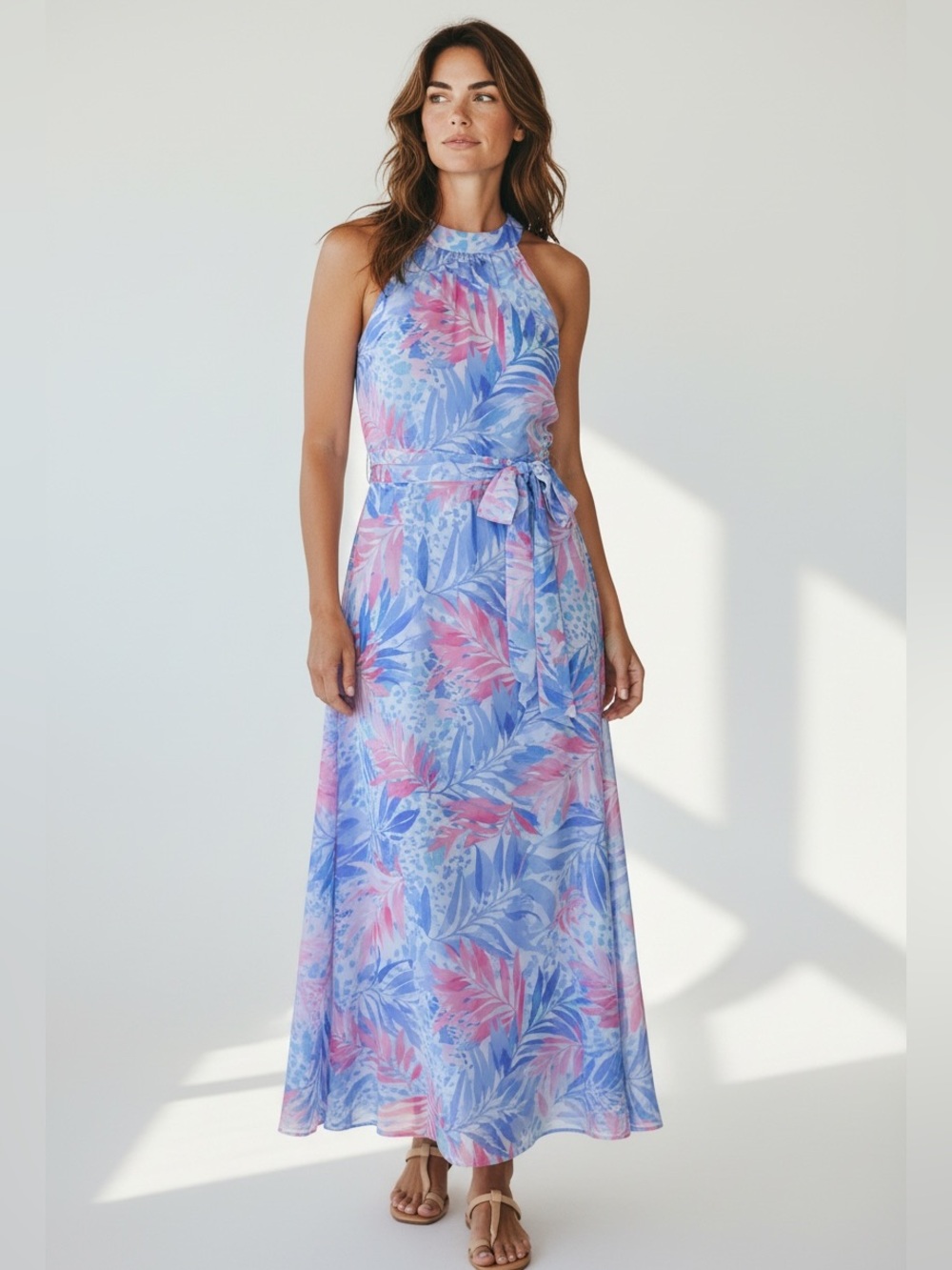 Nicole Miller New York pastel floral halter midi dress with tie waist